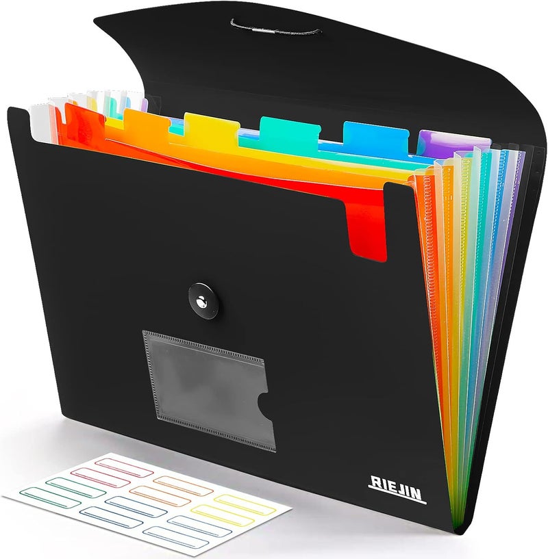 RIEJIN Accordian File Organizer 7 Pocket Expanding File Folder with Labels, Plastic Expandable File Folder for Documents Letter Size A4 Papers - Black - Image 1